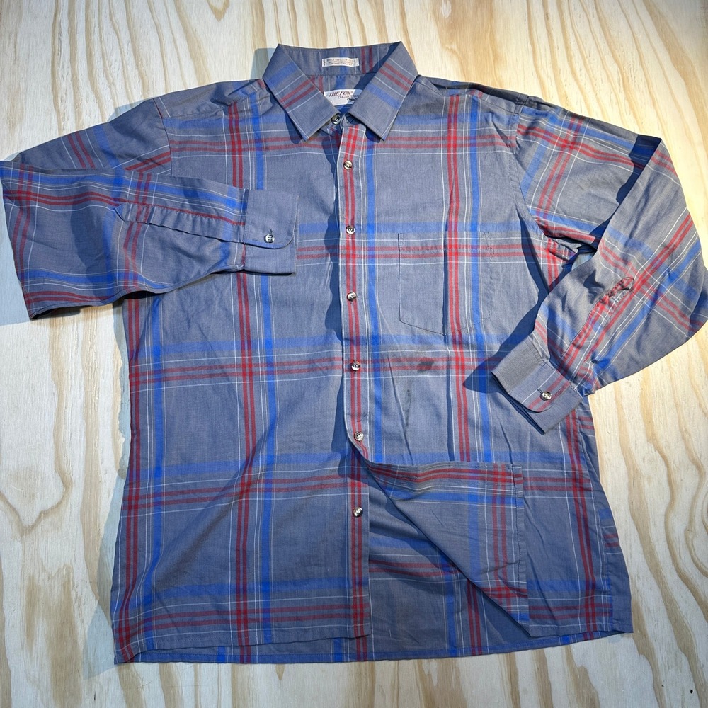 The Fox Collection Mens Large Gray Blue Red Plaid Button Down Shirt Vintage L